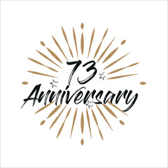 73 years anniversary retro vector emblem isolated template. Vintage logo 73rd years with ribbon and fireworks on white background
