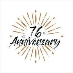 76 years anniversary retro vector emblem isolated template. Vintage logo 76th years with ribbon and fireworks on white background
