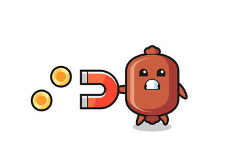 the character of sausage hold a magnet to catch the gold coins