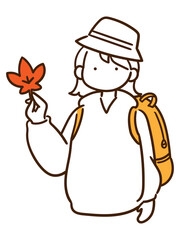 紅葉狩りで紅葉の葉を拾う若い女の子のおしゃれな線画イラスト