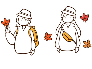 紅葉狩りに出かける若い女の子たちのおしゃれな線画イラストセット