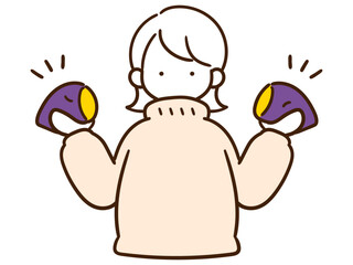 焼き芋を嬉しそうに両手に持つ女の子のおしゃれな線画イラスト