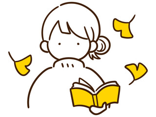 イチョウの葉が舞い散る中で読書をする若い女性のおしゃれな線画イラスト