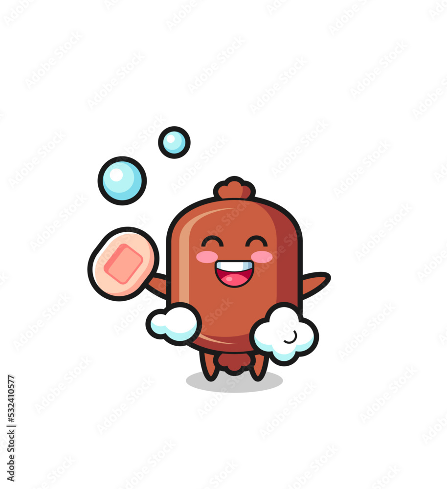 Canvas Prints sausage character is bathing while holding soap