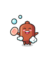 sausage character is bathing while holding soap