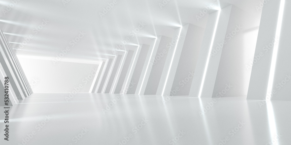 Fototapete 3d render of abstract futuristic architecture design. white concrete floor for car presentation.