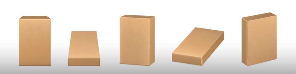 Kraft cardboard package box template. Vector realistic mockup of 3d blank rectangle carton container, gift box, eco medical products pack isolated on background