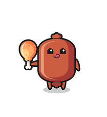 sausage cute mascot is eating a fried chicken