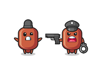 illustration of sausage robber with hands up pose caught by police