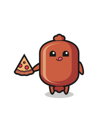 cute sausage cartoon eating pizza