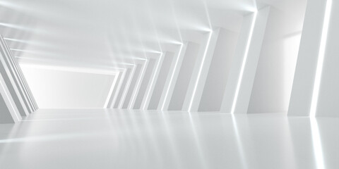 3d render of abstract futuristic architecture design. White concrete floor for car presentation.