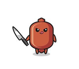 cute sausage mascot as a psychopath holding a knife