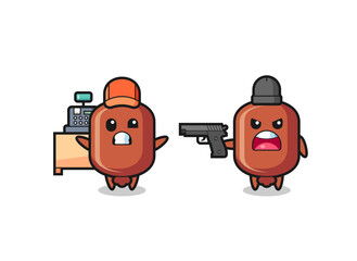 illustration of the cute sausage as a cashier is pointed a gun by a robber