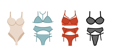 Beige body. A set of lingerie sets, a bra, panties with a belt for stockings or suspenders.  Vector illustration isolated on white background