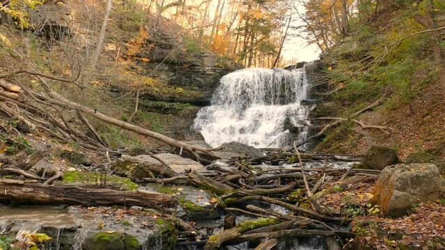 Stunning Autumn View Of Lower Decew Falls Cascading Through Rocks And Woods In The Forest. low angle
