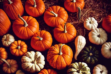 Pumpkins in the field during harvest time in fall