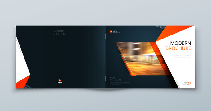 Horizontal Brochure template layout design. Corporate business annual report, catalog, magazine mockup. Layout with modern orange elements and photo. Creative poster, booklet, flyer or banner concept
