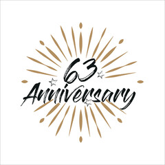 63 years anniversary retro vector emblem isolated template. Vintage logo 63rd years with ribbon and fireworks on white background
