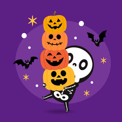 Cute halloween skeleton cartoon. Skeleton in halloween day. Halloween character cartoon. Happy halloween greeting card.