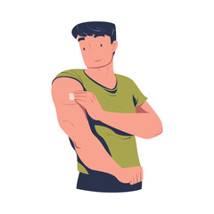 Vaccination with Young Man Character Holding His Upper Arm After Being Vaccinated Vector Illustration