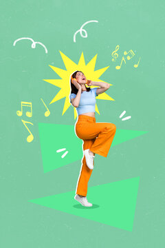 Vertical collage illustration of positive girl have fun enjoy dancing listen music isolated on creative background