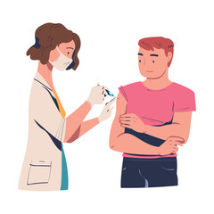 Vaccination with Man Character Vaccinated in His Upper Arm with Doctor Holding Syringe Vector Illustration
