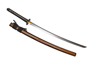 Japanese sword with black cord, steel fitting and shiny brown gold scabbard on white background. Selective focus.