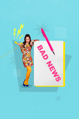 Creative trend collage of millennial lady hold retro vintage telephone handset bad news text...