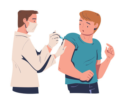 Vaccination with Man Character Vaccinated in Her Upper Arm with Doctor Holding Syringe Vector Illustration