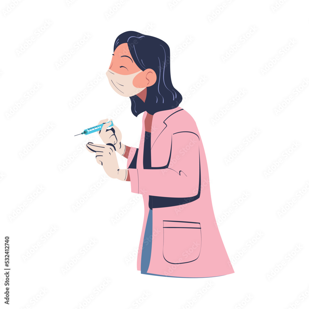 Sticker woman doctor in face mask holding syringe for vaccination vector illustration