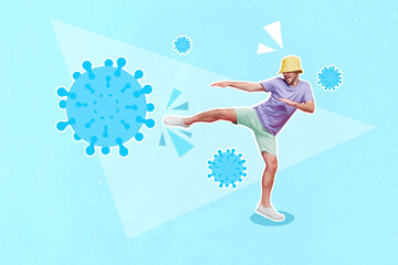Composite collage illustration of guy leg kick fight huge infection isolated on creative drawing...