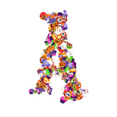 Alphabet collection from A to Z made of cartoon Halloween candies and treats.