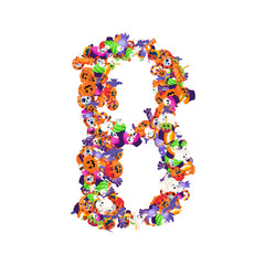 Alphabet collection from A to Z made of cartoon Halloween candies and treats.