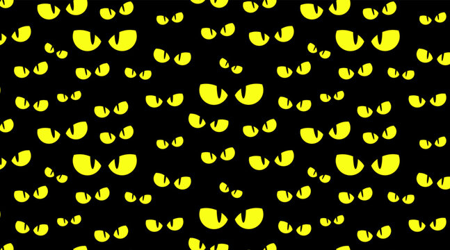 Seamless background pattern with scary angry eyes glowing in the dark. Halloween background Vector pattern. 