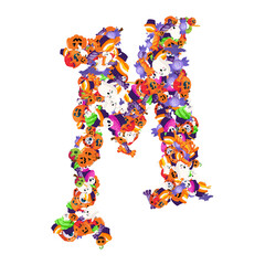 Alphabet collection from A to Z made of cartoon Halloween candies and treats.