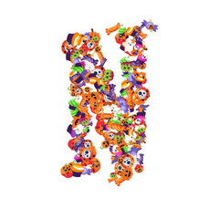 Alphabet collection from A to Z made of cartoon Halloween candies and treats.