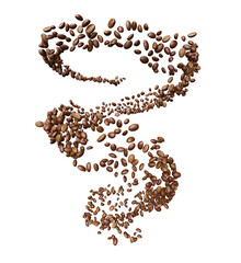 Coffee. Fresh-roast coffee beans of arabica flying by spiral. Bracing good morning drink concept, isolated white background. 3d illustration.