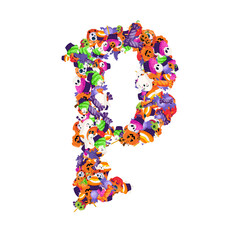 Alphabet collection from A to Z made of cartoon Halloween candies and treats.