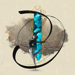 Modern design. Vintage style. Young graceful female ballet dancer dancing over poster graphic background. Art, beauty, creativity © master1305