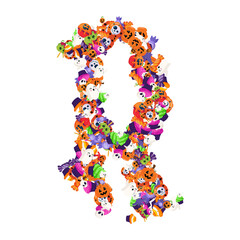 Alphabet collection from A to Z made of cartoon Halloween candies and treats.