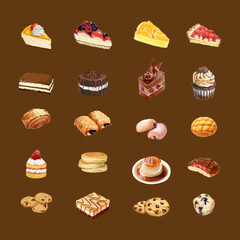 Set of cake and cookies watercolor vector design elements
