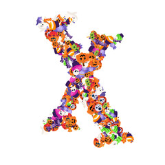 Alphabet collection from A to Z made of cartoon Halloween candies and treats.