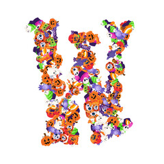 Alphabet collection from A to Z made of cartoon Halloween candies and treats.