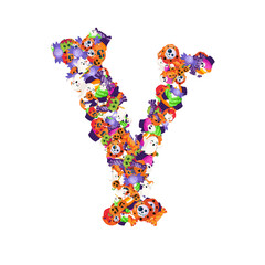 Alphabet collection from A to Z made of cartoon Halloween candies and treats.