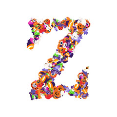 Alphabet collection from A to Z made of cartoon Halloween candies and treats.