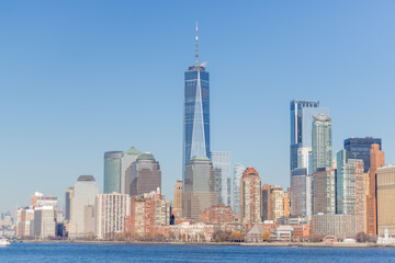 Fototapeta na wymiar New York City Skyline From on the Water Hudson River in Lower Manhattan 