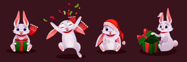 Cartoon set of cute Christmas bunnies isolated on brown background. Vector illistration of white rabbits with open and closed gift boxes, throwing confetti, wearing Santa Claus hat. Holiday postcard