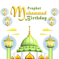 Prophet Muhammad Birthday, glowing green mosque. Suitable for events