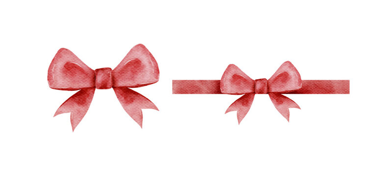 Red or Pink gift bow in watercolor style isolated on white background. Hand drawing decorative bow elements vector illustration