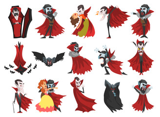 Count Dracula as Scary Vampire Character Wearing Red Cape Big Vector Set